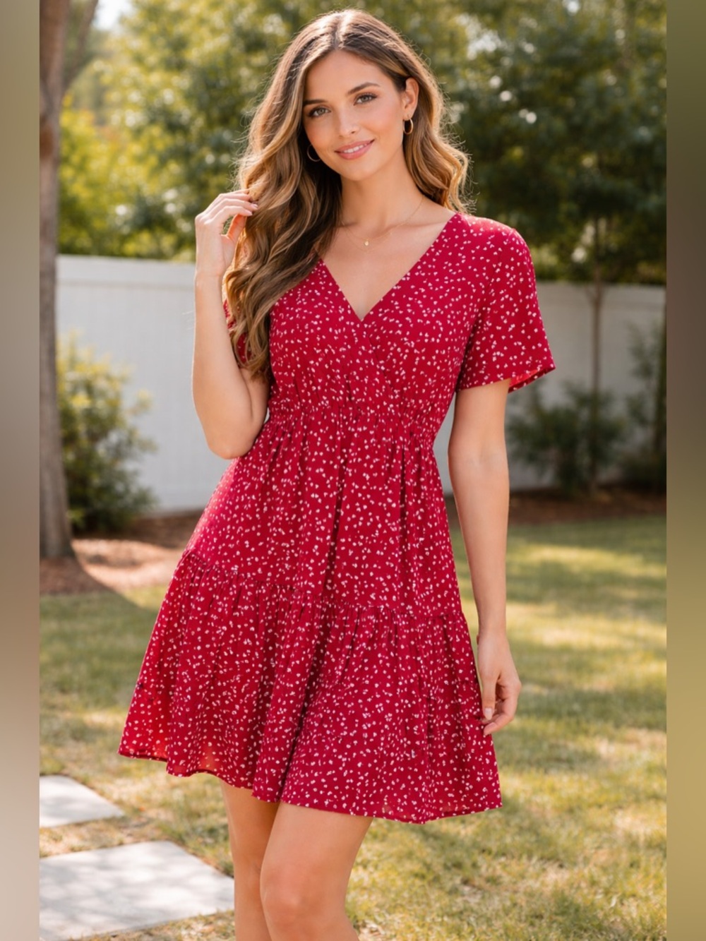 Red Floral V-Neck Short Sleeve Dress L Plus